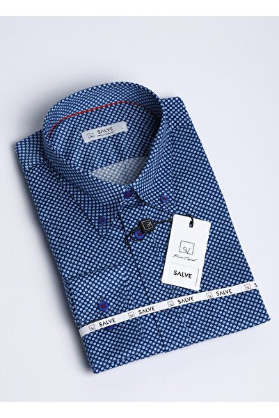 Erkek %100 Pamuk Saten Premium Serisi Slim Fit Mavi Desenli Casual Gömlek 22155
