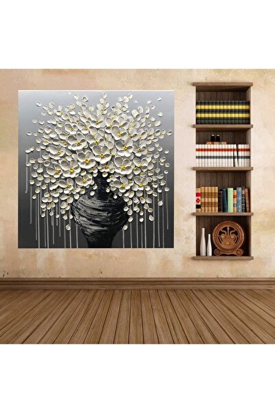 HDART Vazoda Çiçek Fırça Darbeli Yağlı Boya Görünümlü Kanvas Tablo