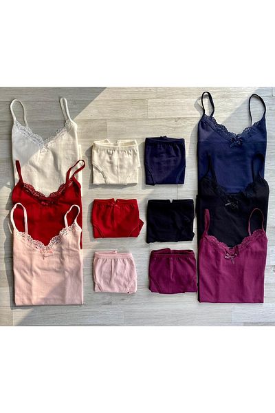 VicTroy 6 Pieces Rope Suspender Lace Cotton Undershirt and Panties Set (ECRU, BLACK, SALMON, NAVY, CLARET DAMSON, WHITE, GRAY)
