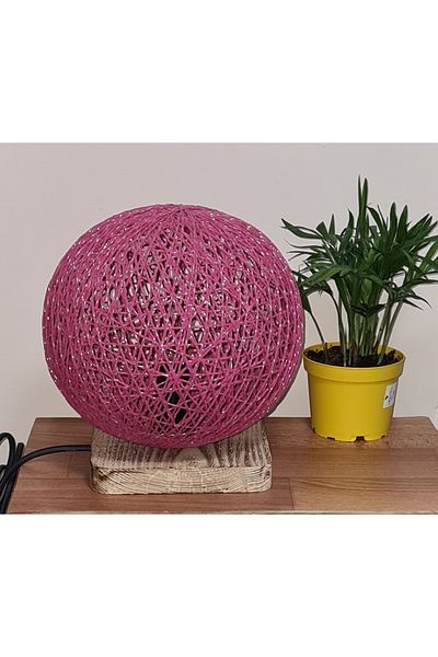 TEKAY AYDINLATMA Fuchsia Jute Handmade Rope Knitted Globe Lampshade, Wooden Base, E 14 Lampholder