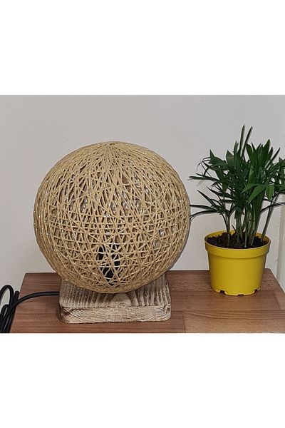 TEKAY AYDINLATMA Wicker Jute Handmade Rope Knitted Globe Lampshade, Wooden Base, E 14 Lampholder