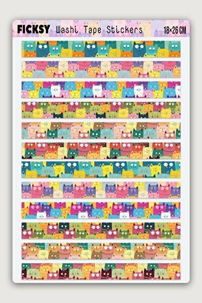 Ficksy Sevimli Kedi Temalı Washi Tape Bant Sticker Seti - 12 Adet Şekilli Ban...