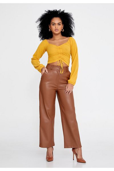 KaSheHa Women's Tan Short Leg High Waist Palazzo Leather Trousers
