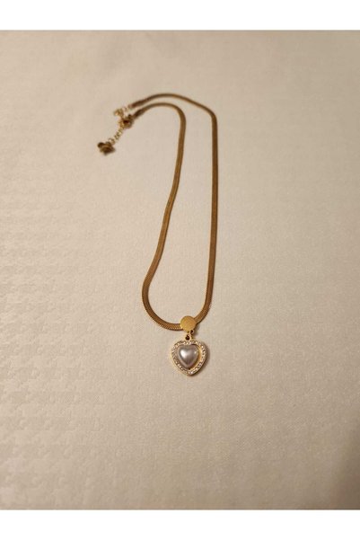 Nutly Accessories Gold Renk Çelik Italyan Taşlı Kalpli Sedef Kolye