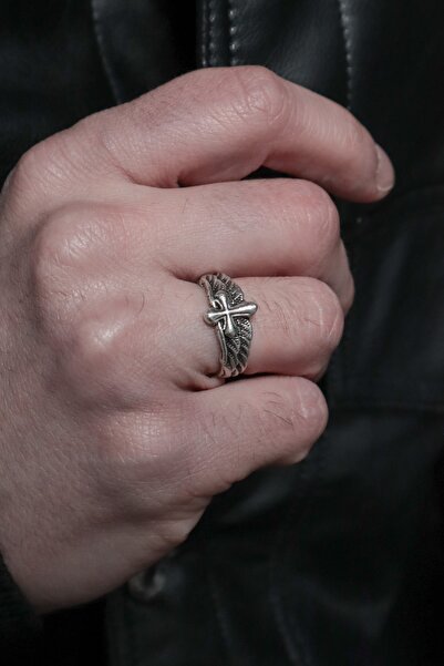 CAPO by Aytaç Yamaç Kanatlı Haç Modeli Ayarlanabilir Gümüş Kaplama Yüzük