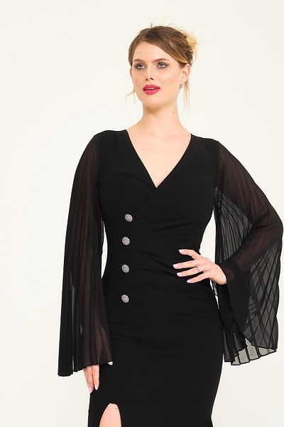SpringStore Rochie de seara din peste plisata cu maneci negre