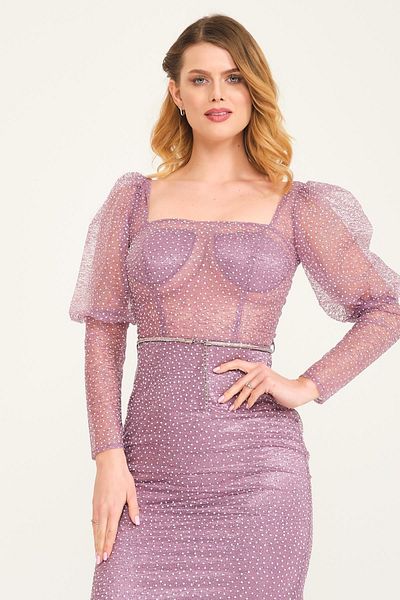 SpringStore Rochie de seara cu maneca cu balon cu guler patrat lavanda