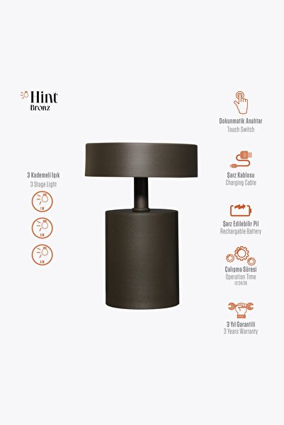 Light Design Hint Bronz Model Dokunmatik Şarjlı Ledli Otel Kafe Bar Ev Iş Ofi...