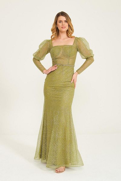 SpringStore Green Square Collar Balloon Sleeve Evening Dress