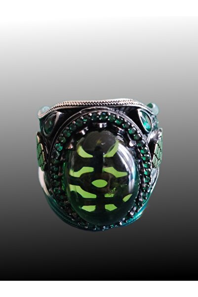 Bien Yeşil Lal Taşlı Kapşon Kesim 925 Ayar Gümüş Yüzük