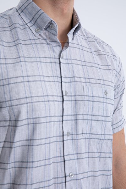 Varetta Men's Blue Short Sleeve Checked Pocket Button Collar Cotton Shirt