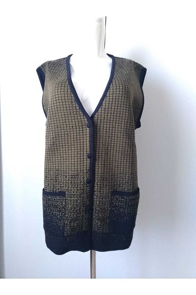 anne moda ankara Henna Green Checkered Pattern Wool Blended Winter Knitwear Vest
