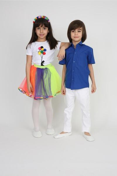 Dıgıl Kids Girl's Colorful Skirt Pompom T-Shirt Crown Suit 23 April 29 October Performance Outfit