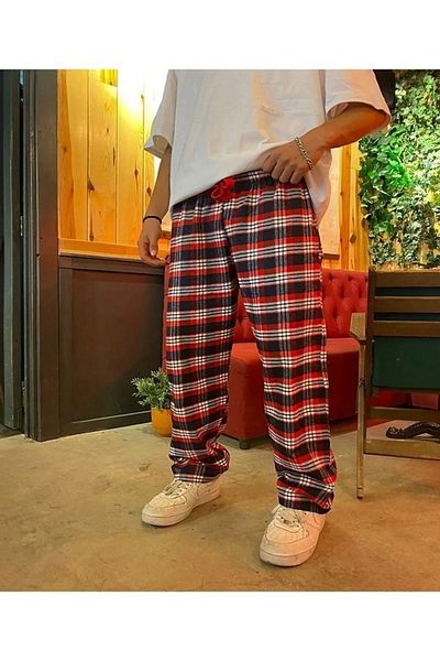 ellevana Plaid Transitional Patterned Oversize Unisex Women Men Red Navy Blue White Colored Sweatpants