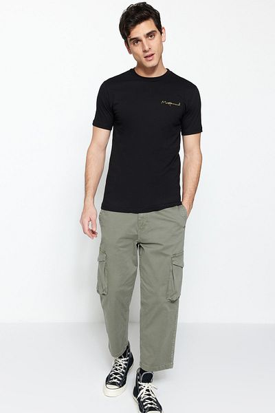 Trendyol Collection Βαμβακερό μπλουζάκι με στάμπα μικρού κειμένου σε μαύρη λεπτή εφαρμογή - TMNSS20TS0083