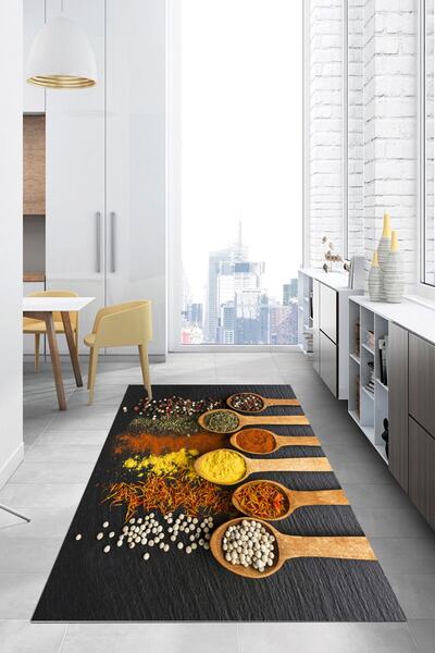 MABEBA TEKSTİL Baharat Desenli Yıkanabilir Kaydırmaz Leke Tutmaz Mutfak Halısı