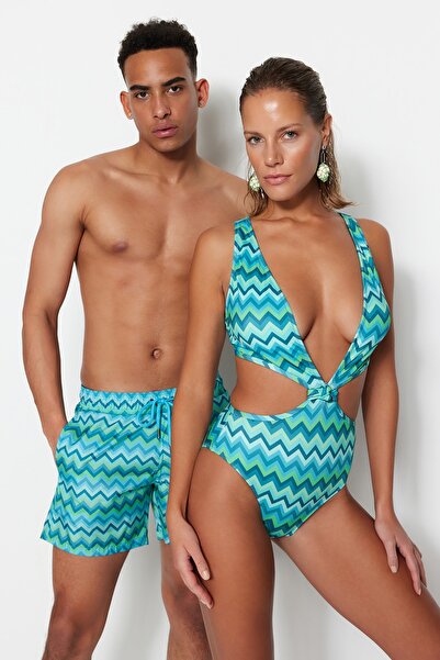 Trendyol Collection Geometric Patterned Deep Low-cut High Leg Regular Swimsuit TBESS23MA00340