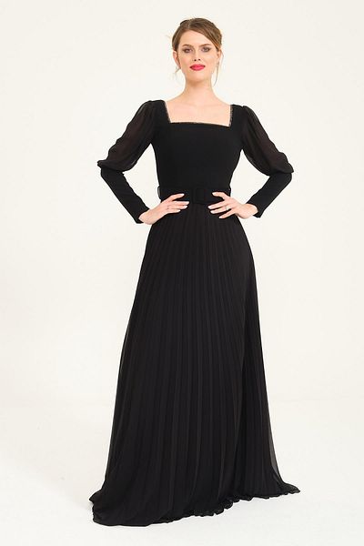 SpringStore Black Square Collar Sleeve Chiffon Evening Dress