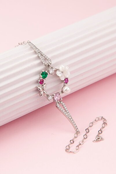 klas gümüş Incili Ve Sedefli Manolya Çiçeği Rodaj Bileklik-925 Ayar Gümüş