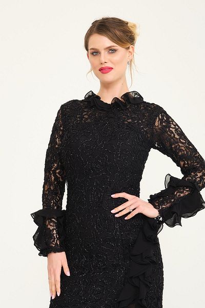 SpringStore Rochie de seara din dantela neagra - Design cu volane