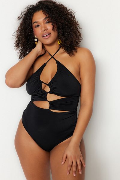 Trendyol Curve Schwarzer Badeanzug mit Cut-Outs und Bindeband