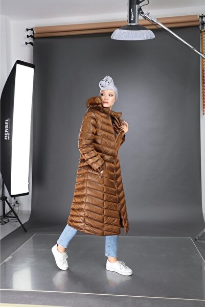 FATELLA Palton lung de damă, cu glugă, umplut cu blană, de culoare maro