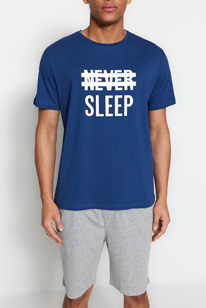 Trendyol Collection Kék Regular Fit kötött nyári rövidnadrág pizsama szett THMSS21PT0216