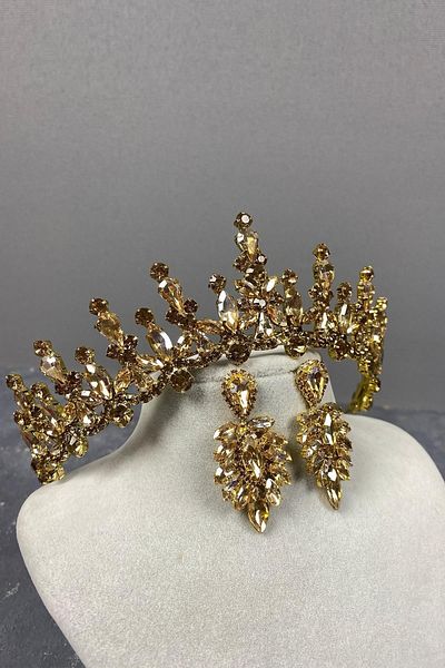 Hobigram Set de cercei de seară cu coroană de mireasă și piatră de navetă subțire de culoarea miere – coroană, piatră de cristal –