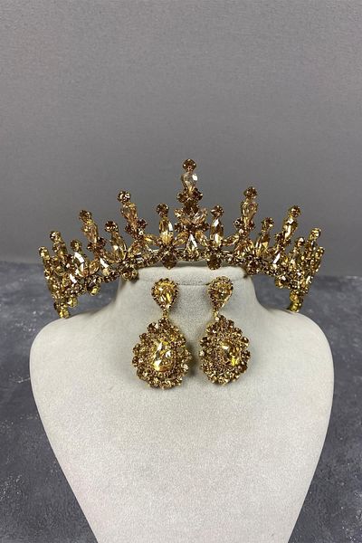 Hobigram Set de coroană de mireasă și cercei cu piatră de mireasă Honey Color Cooper Shuttle – Coroană, piatră de cristal, model elegant –