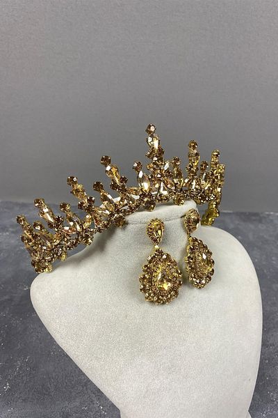 Hobigram Set de coroană de mireasă și cercei cu piatră de mireasă Honey Color Cooper Shuttle – Coroană, piatră de cristal, model elegant –