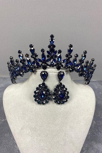 Hobigram Set de cercei și coroană de mireasă cu piatră de navetă albastru bleumarin – Coroană, piatră de cristal, model elegant – T