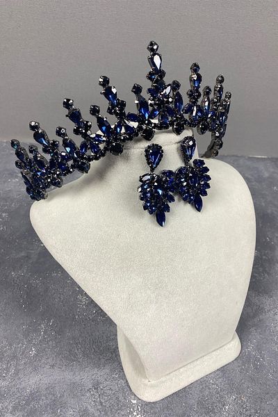 Hobigram Set de cercei de seară cu coroană de mireasă și piatră de navetă albastru bleumarin – coroană, piatră de cristal – T