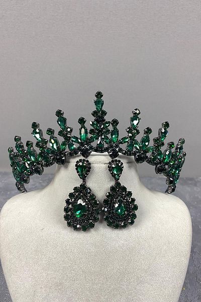 Hobigram Set de cercei și coroană de mireasă Green Cooper Shuttle Stone – Coroană, Crystal Stone, Model elegant – Taç