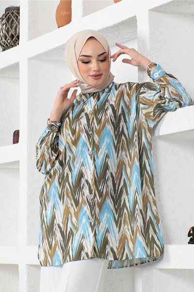 benguen 8887 Χακί πουκάμισο Hijab με σχέδια