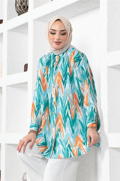 benguen 8887 Patterned Hijab Shirt Turquoise