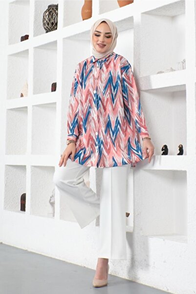 benguen 8887 Patterned Hijab Shirt Pink