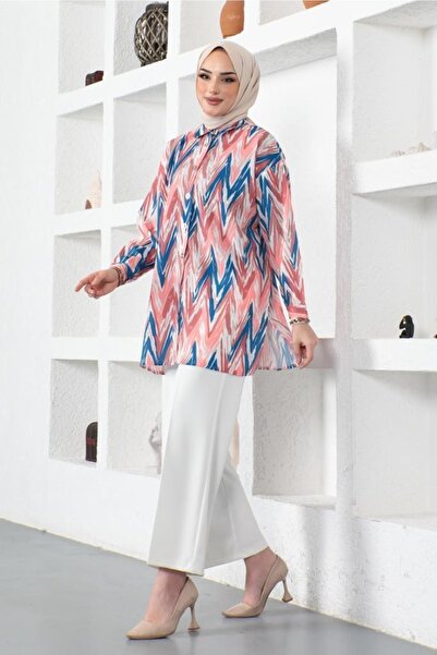 benguen 8887 Patterned Hijab Shirt Pink