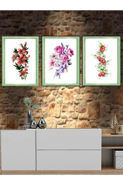 HYL Yalova Shop Yeşil Eskitme Çerçeve Görünümlü Renklerin Dansı Çiçek Tablo 3 Lü Seti