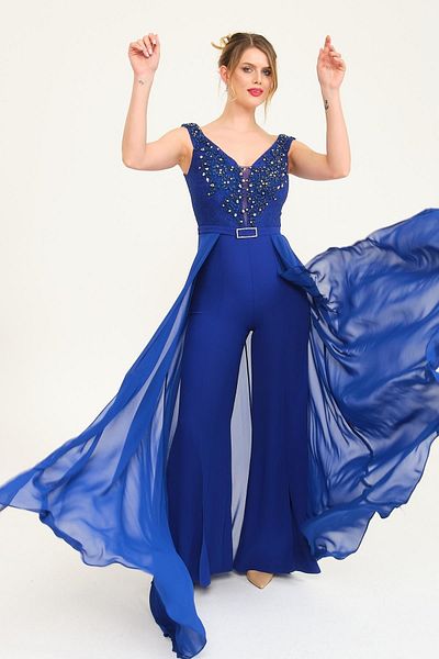 SpringStore Saks Stone Detailed Jumpsuit Evening Dress