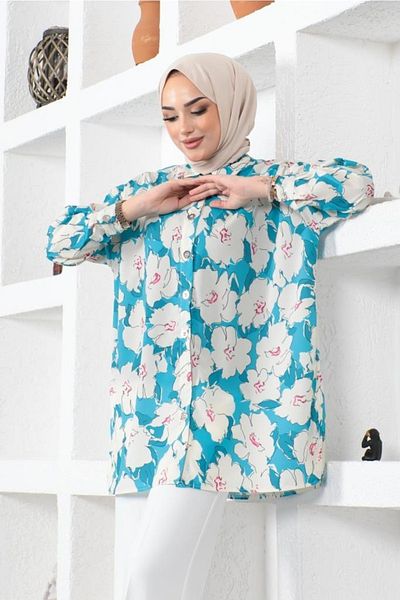 benguen 8889 Πουκάμισο Hijab Τυρκουάζ με σχέδια