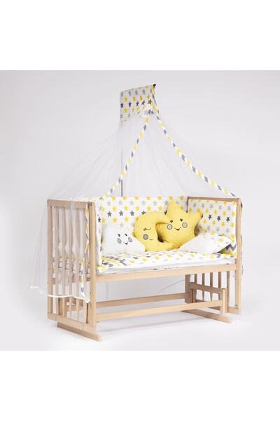 bebeget Süper Full Natural Ahşap 4 Kademeli Anne Yanı Sallanır Bebek Beşiği 6...