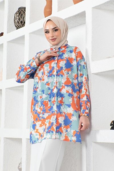 benguen 8890 Patterned Hijab Shirt Orange