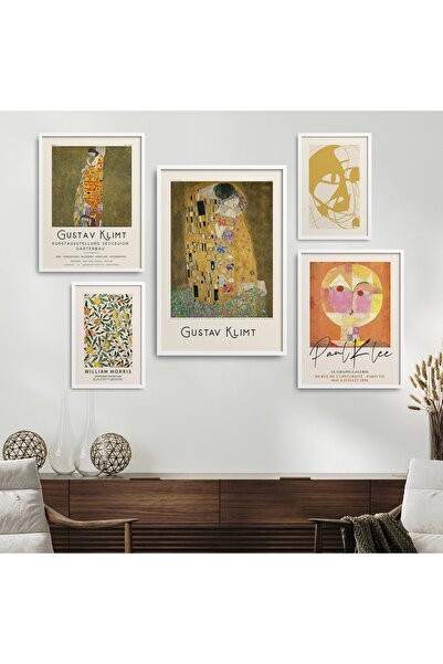 HOMEPACK Beyaz Lamine Çerçeveli Gustav Klimt 5'li Tablo Seti Beşli-021