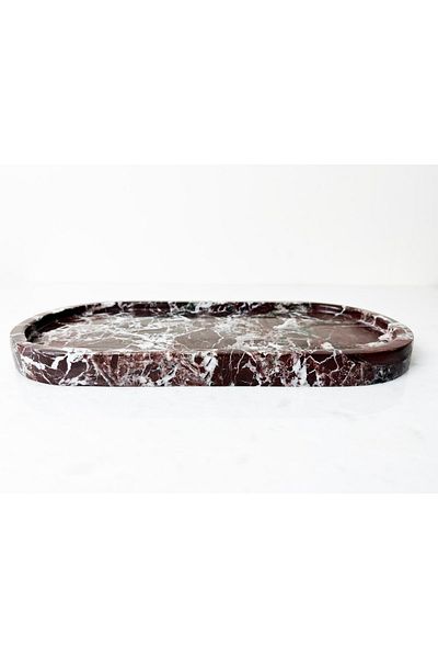 Modestmar Natural Cherry Marble Oval Tray, Bathroom Organizer, Presentation Plate Black Marble Rosso Plate