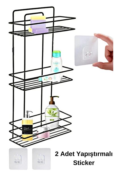 Kitchen Store Yapıştırmalı Paslanmaz Siyah 3 Katlı Düz Banyo Köşeliği Şampuanlık Köşelik Banyo Rafı