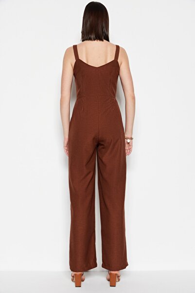 Trendyol Collection Hnědý maxi tkaný overal s knoflíky TWOSS21TU0130