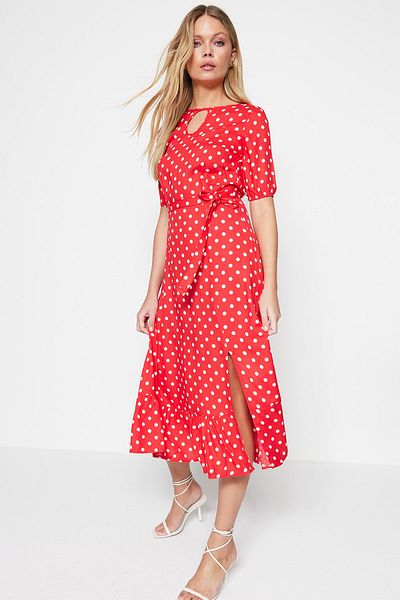 Trendyol Collection Red Belted Polka Dot A-line Crew Neck Midi Woven Dress TWOSS19XM0064