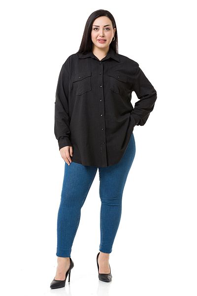 DISENTIS MODEST Camasa neagra cu guler de camasa de marime plus cu buzunare duble pe piept