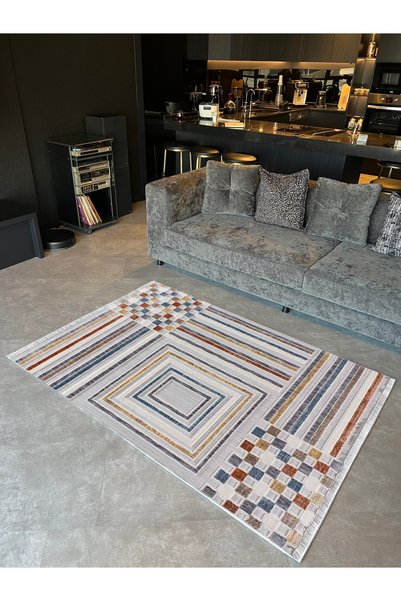 Rugs Modern Halı Mira 1091 Light Gray Geometric Pattern and Checker Theme Wov...