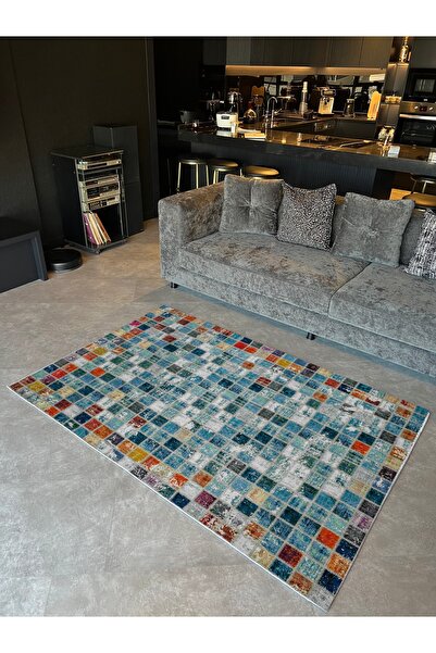 Rugs Modern Halı Mira 1056 Mozaik Desen Patchwork Tema Mavi Tasarım Dokuma Ta...